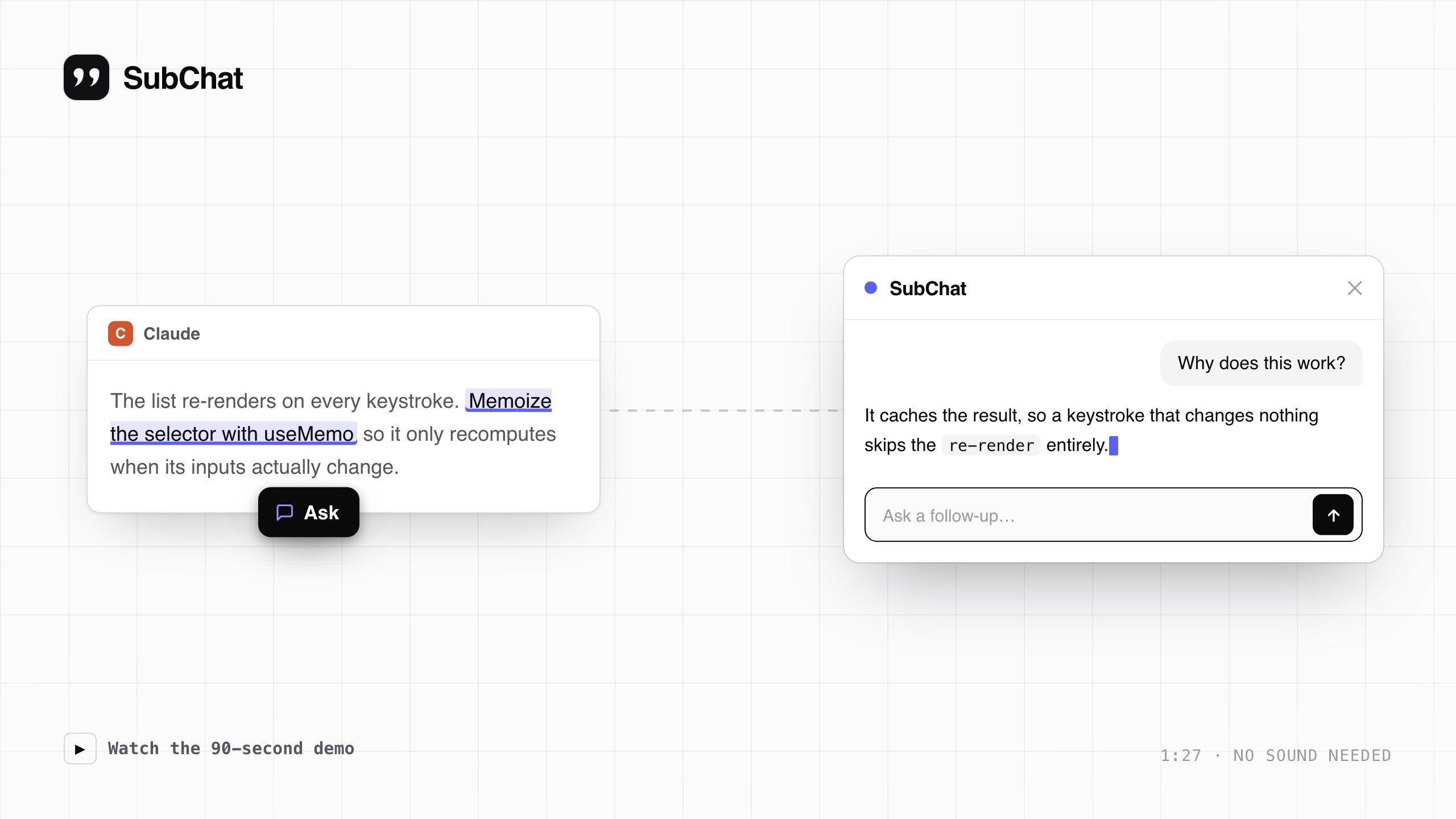 SubChat demo: highlight text and ask a follow-up in a side-chat